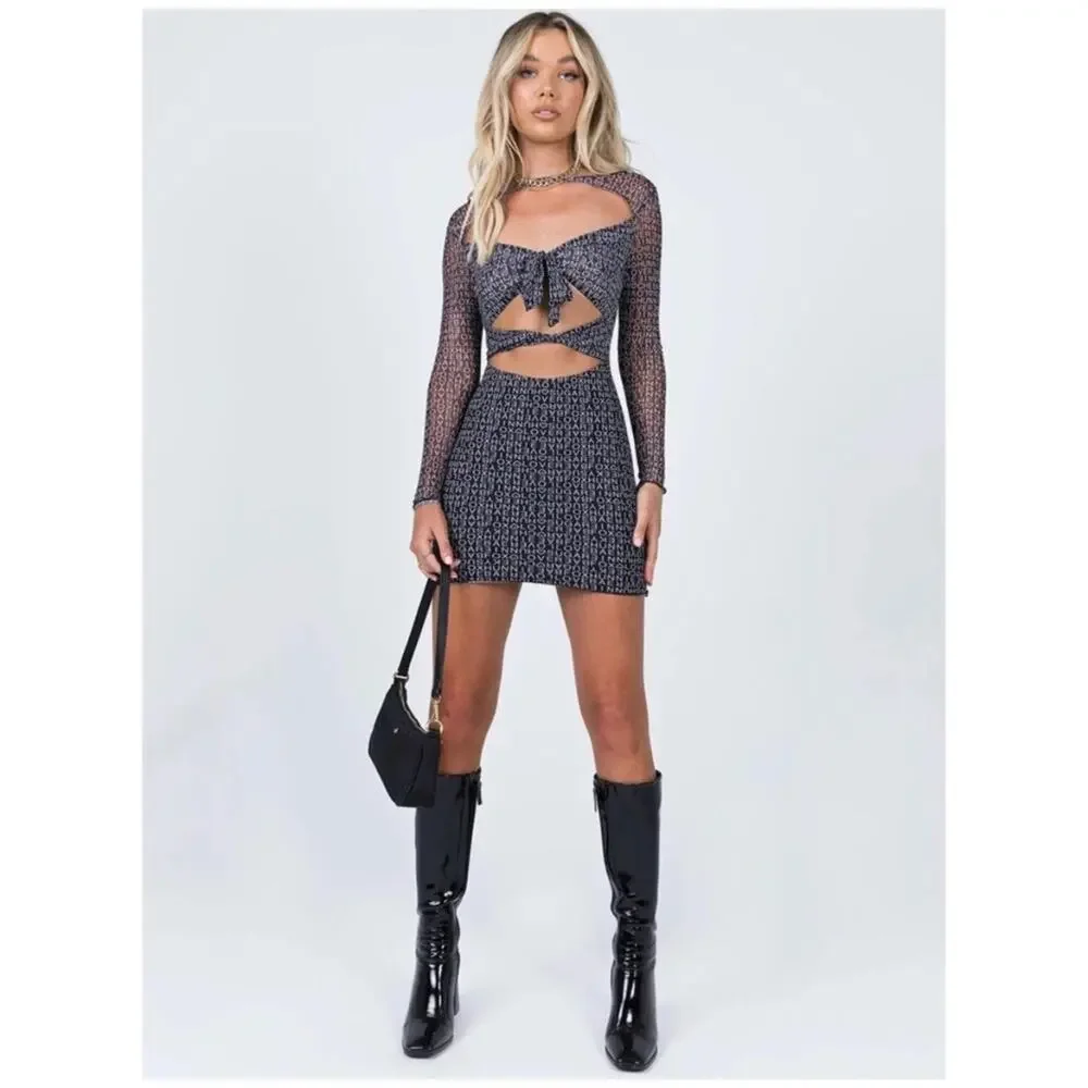 Princess Polly Text Me Mini Dress Black White print keyhole cutout mesh